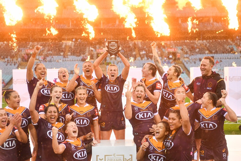 Brisbane Broncos celebrate their 2020 NRLW premiership win.