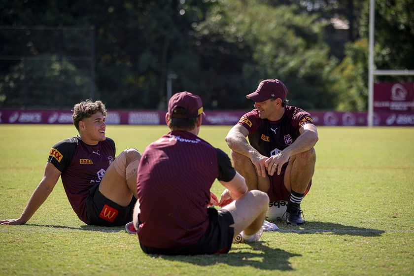 AJ Brimson sits with Billy Slater and Reece Walsh in Queensland camp.