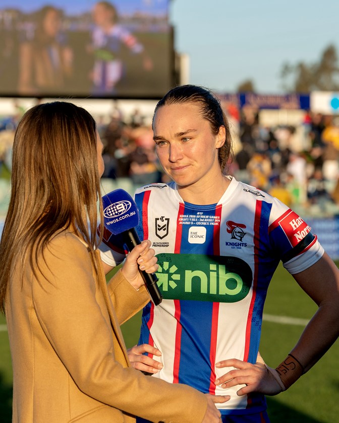 Kirra Dibb does a post-match interview at Magic Round.
