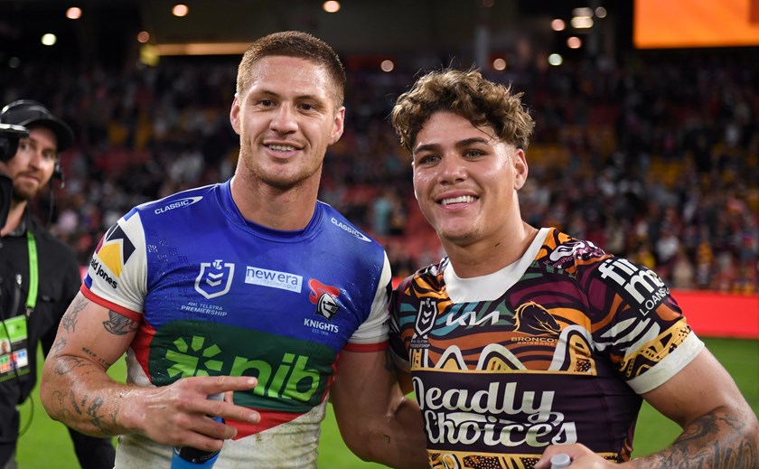 Kalyn Ponga and Reece Walsh after the Broncos beat the Knights in Round 15. 