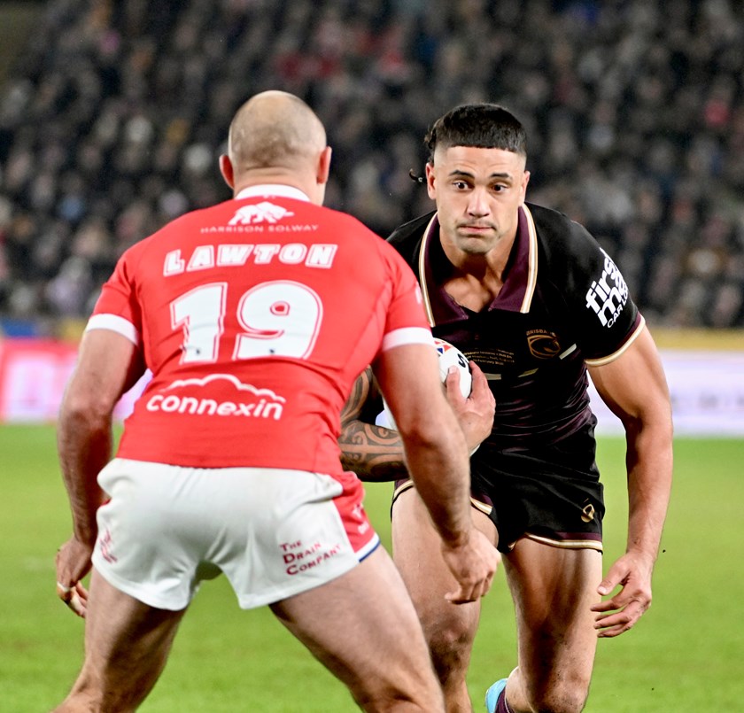 Aublix Tawha with the ball for the Broncos during the World Club Challenge match in England.
