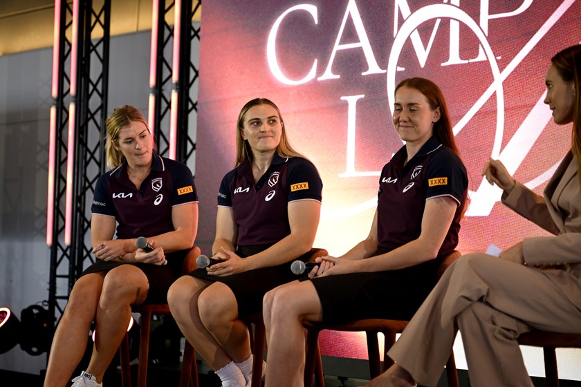 Bri Clark, Jesse Southwell and Tamika Upton on stage at the Brisbane Broncos NRLW season launch.