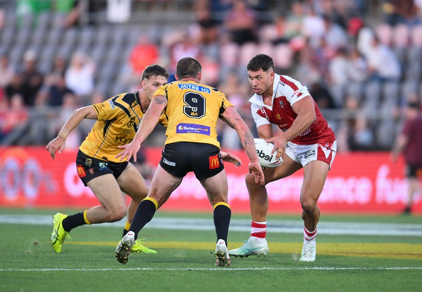 Jake Averillo with the ball for the Redcliffe Dolphins.