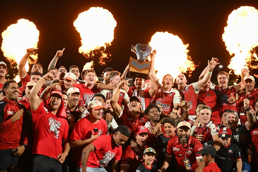 Trai Fuller was front and centre of the Redcliffe celebrations, holding up the trophy with skipper Sheldon Pitama.