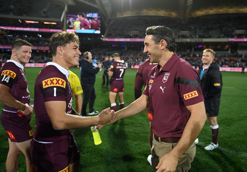 Reece Walsh celebrates with Maroons coach Billy Slater after his Origin debut.