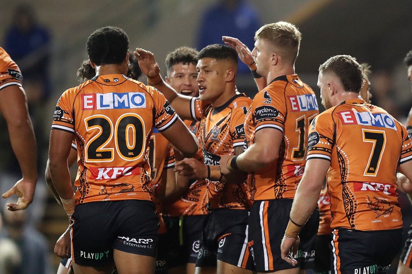 Tigers hooker "Nu" Brown celebrates his try against the Eels in Round 17.