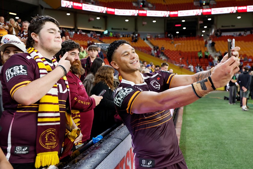 Hayze Perham with some Broncos fans following their Round 8 win.