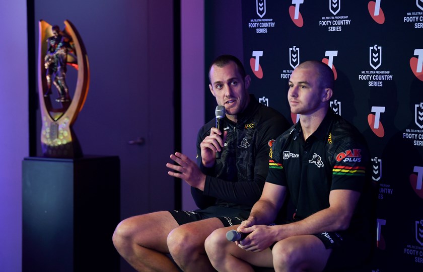 Panthers pair Isaah Yeo and Dylan Edwards at the launch of the Telstra Footy Country series.