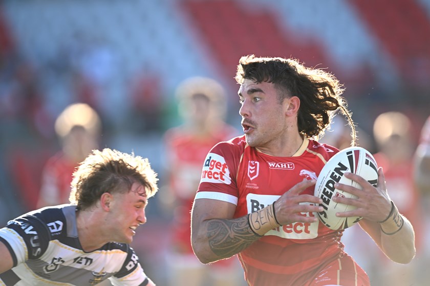 Zac Garton takes the ball up for the Dolphins in the opening NRLQ game of 2026 against the North Queensland Cowboys.