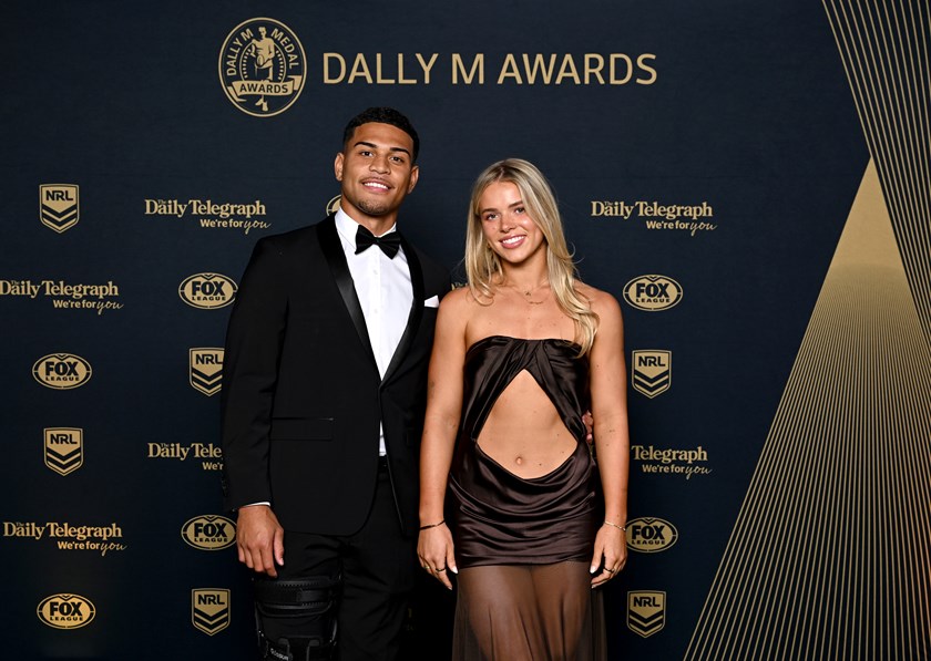 Indie Bostock with partner and Dolphins player Tevita Naufahu at the 2025 Dally M Awards.