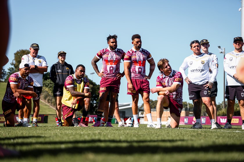 Queensland Maroons in their Indigenous training kit during a field session with the Sunshine Coast Falcons.