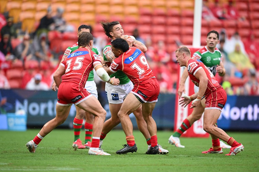 Brent Woolf tackles his 2026 Indigenous All Stars team-mate Tallis Duncan in his NRL debut.