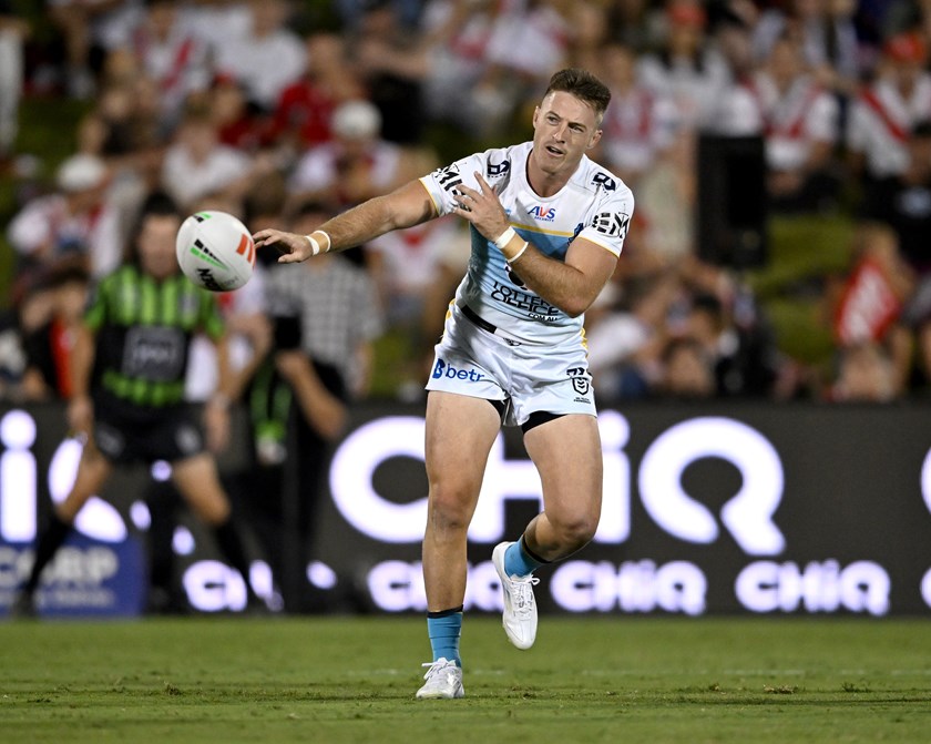 Sam Verrills passes the ball for the Gold Coast Titans.