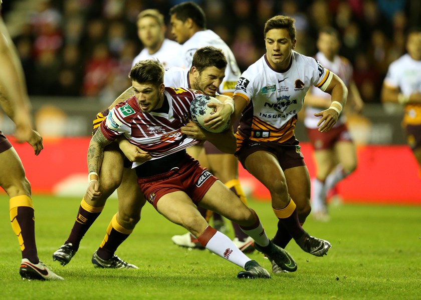 Oliver Gildart plays for Wigan against the Brisbane Broncos in the World Club Challenge. 