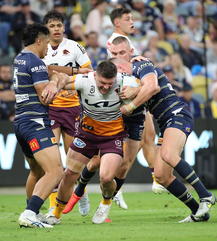 Corey Jensen in action for the Broncos against his former team the North Queensland Cowboys last season. 