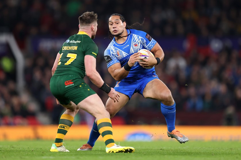 Martin Taupau in action for Samoa in the Rugby League World Cup final. 