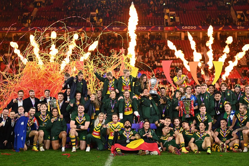The Australian teams celebrate their Rugby League World Cup wins. 