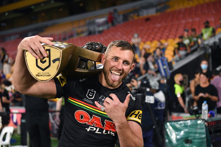 Kurt Capewell celebrates winning the 2021 grand final with Penrith.