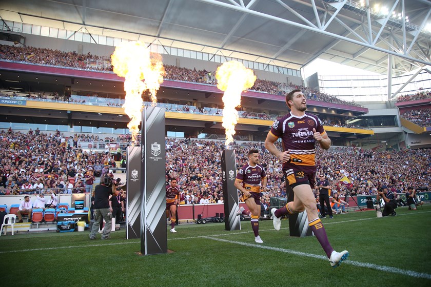 Corey Oates - who is set to line up for game 200 in the NRL this week against the Raiders - runs out for the Broncos during their last finals game at Suncorp Stadium in 2018. 