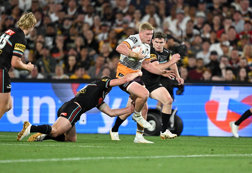 Tom Flegler playing for the Broncos in their 2023 grand final loss to Penrith.
