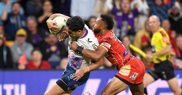 Will Warbrick of the Storm scores a try during the NRL Round 12 match  between the Redcliffe Dolphins and the Melbourne Storm at Suncorp Stadium  in Brisbane, Saturday, May 20, 2023. (AAP