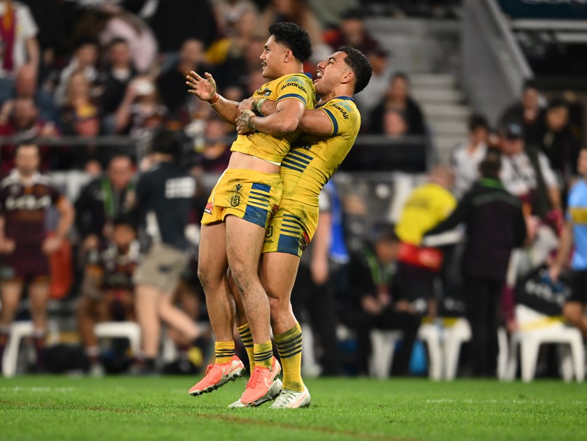 Celebrations with Joash Papalii and Will Penisini against the Broncos.