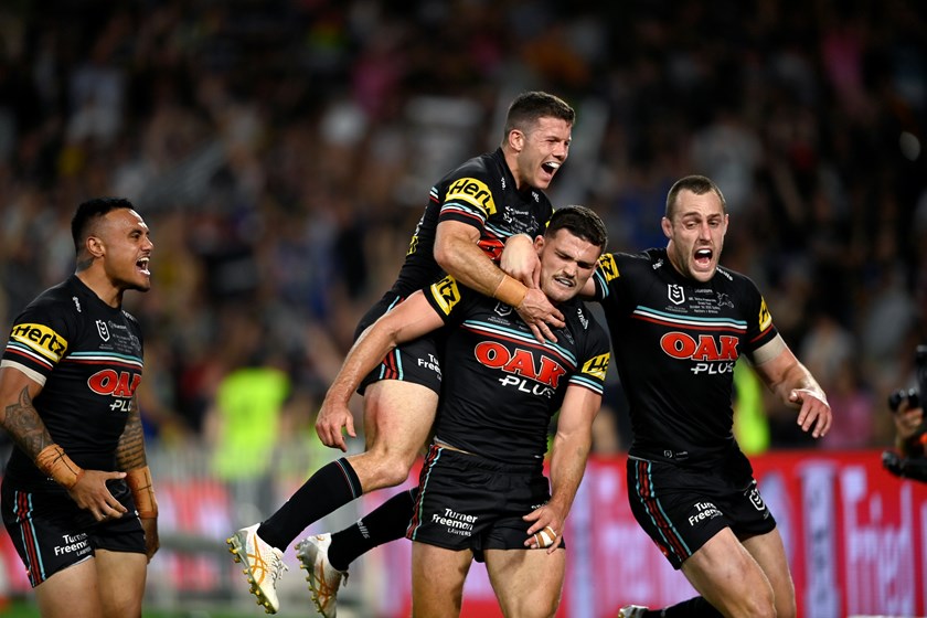 Jack Cogger celebrates with Nathan Cleary and the Panthers last season.
