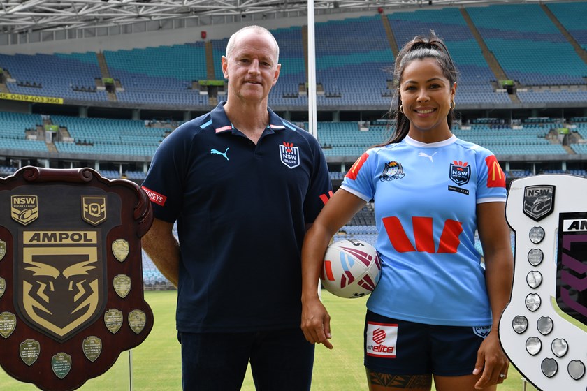 Tiana Penitani and New South Wales Blues coach Michael Maguire at the State of Origin launch.