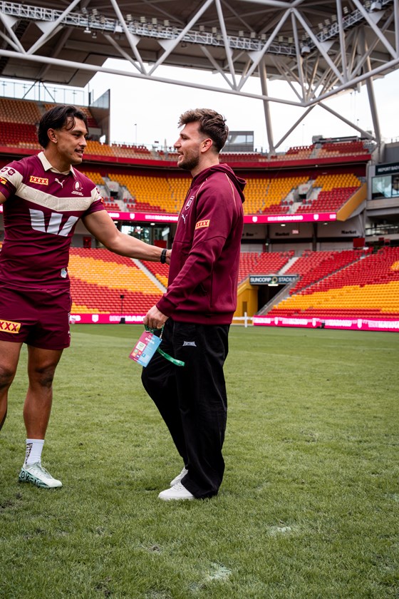 Tino Fa'asuamaleaui and former Maroons forward Jai Arrow at captain's run before the Game Three decider.