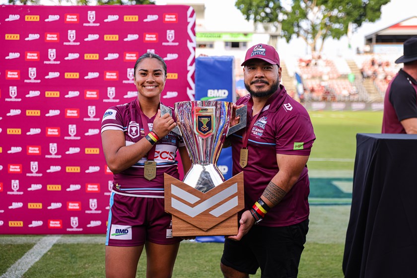 Player Jasmine Peters with father and coach Marco Peters after the Mackay Cutters claimed the 2024 BMD Premiership title.