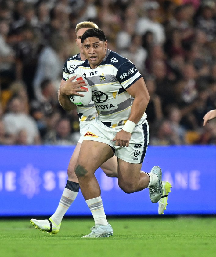 Jason Taumalolo on the charge against the Broncos.