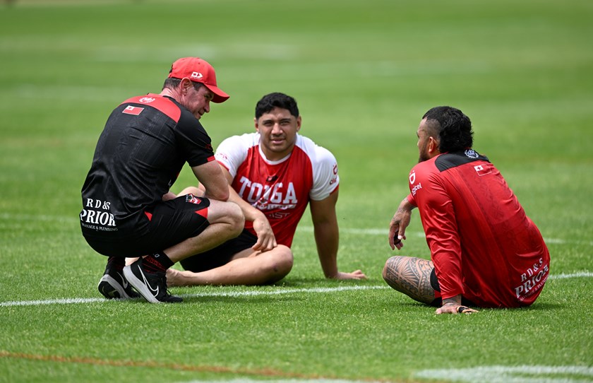 Kristian Woolf with Jason Taumalolo and Addin Fonua-Blake during the 2024 international campaign with Tonga.