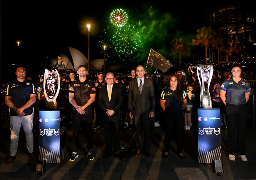 Eels NRL Captain Junior Paulo,  Panthers Captain Nathan Cleary, Minister for Tourism Ben Franklin, NRL CEO Andrew Abdo, Eels NRLW Captain SImaima Taufa, Knights NRLW Captain Millie Boyle.