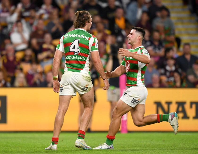 South Sydney duo Campbell Graham and Lachlan Ilias celebrate a try.