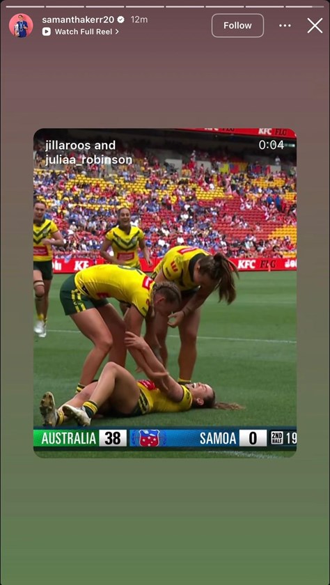 Matildas star Sam Kerr shared a clip of Julia Robinson's spectacular try to her 1.7 million Instagram followers.
