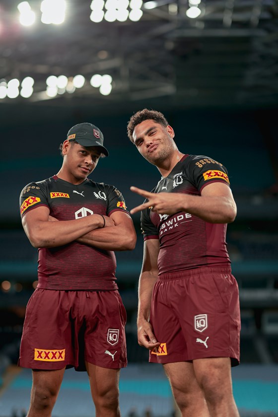 Selwyn Cobbo and Xavier Coates in Maroons camp in 2022. 
