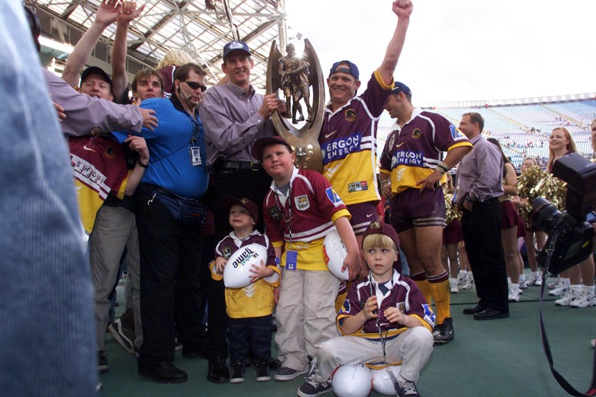 Wayne Bennett and Kevin Walters celebrate a  premiership victory together in 2000.