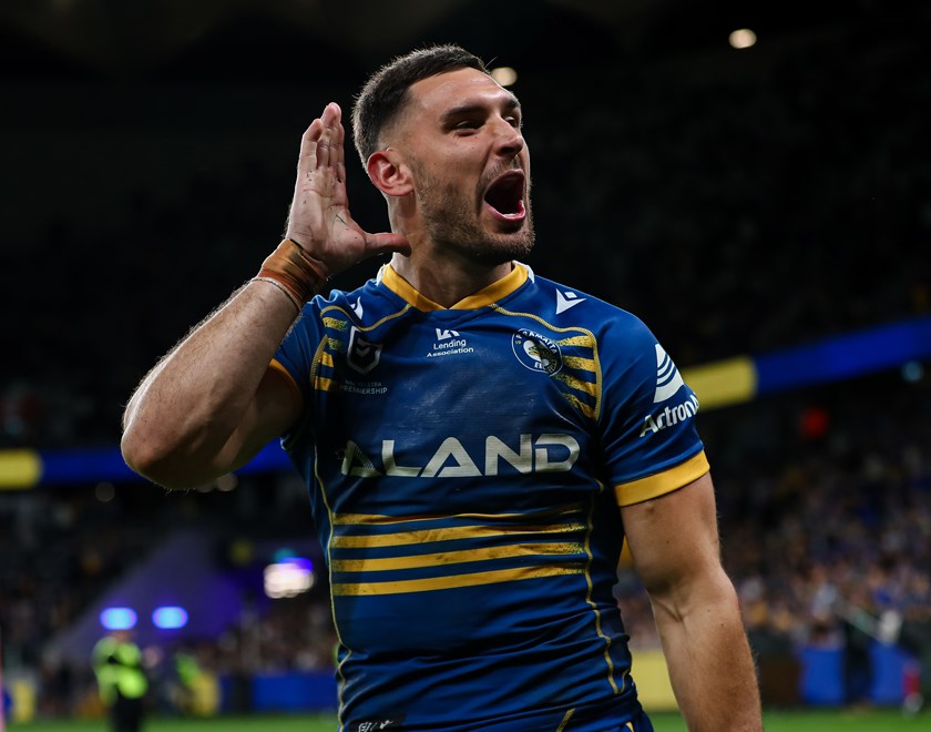 Matterson celebrating with the Parramatta fans following Friday night's win against Canberra.