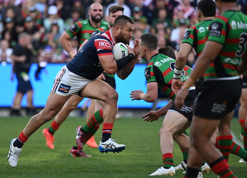 Jared Waerea-Hargreaves charges into the Rabbitohs defence.