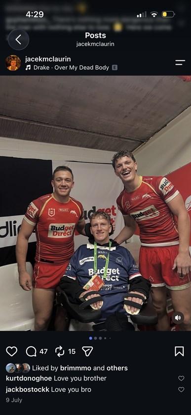 Friends Kurt Donoghoe, Jacek McLaurin and Jack Bostock in the Dolphins sheds.