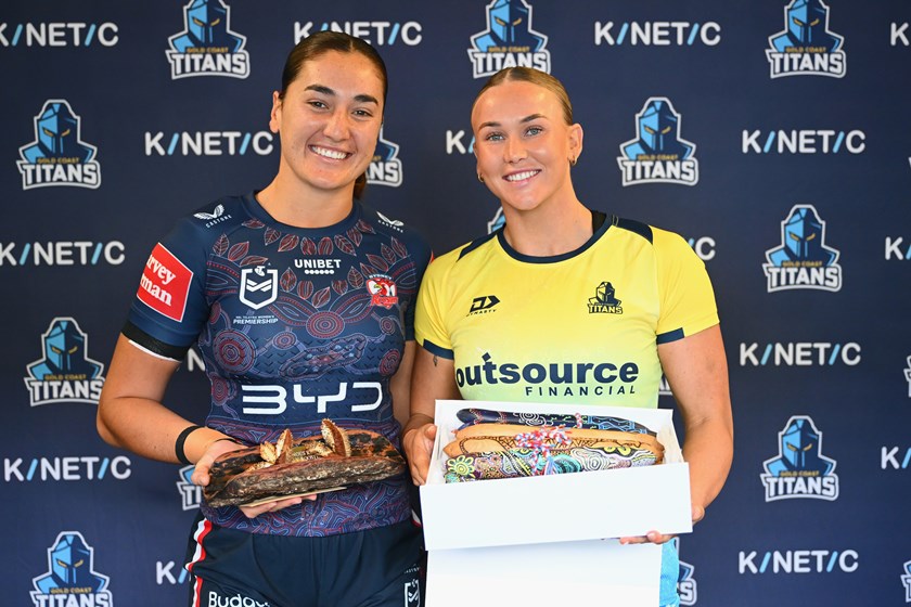 Olivia Kernick and Jaime Chapman before their Indigenous Round game.