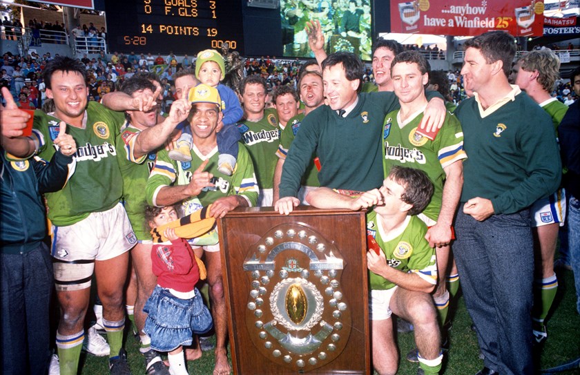The Raiders celebrate their grand final win against Balmain at Sydney Football Stadium in 1989.
