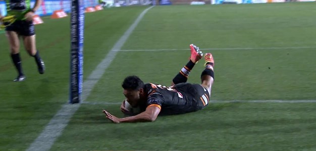 Nofoaluma goes in with the Broncos defence nowhere to be seen