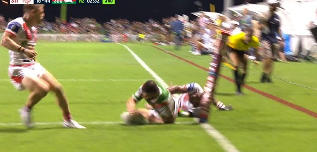 Mansour dives over out wide for the Rabbitohs