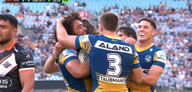 Second phase footy from the Eels and Papali'i steps his way over