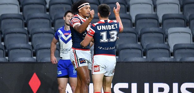 A deflection from the Bulldogs and Tupouniua gets himself a try