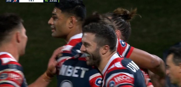 Another Tedesco pass, another try celebration for Tupou and the Roosters