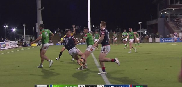 Rapana blocks pass but Lam collects the ball for another Roosters try