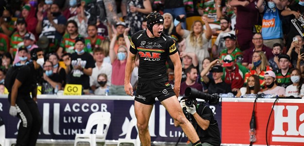 Burton slices through for the first try of the grand final