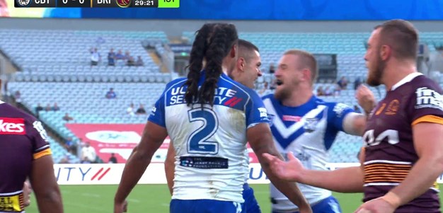 Burns gets the first try for the Bulldogs
